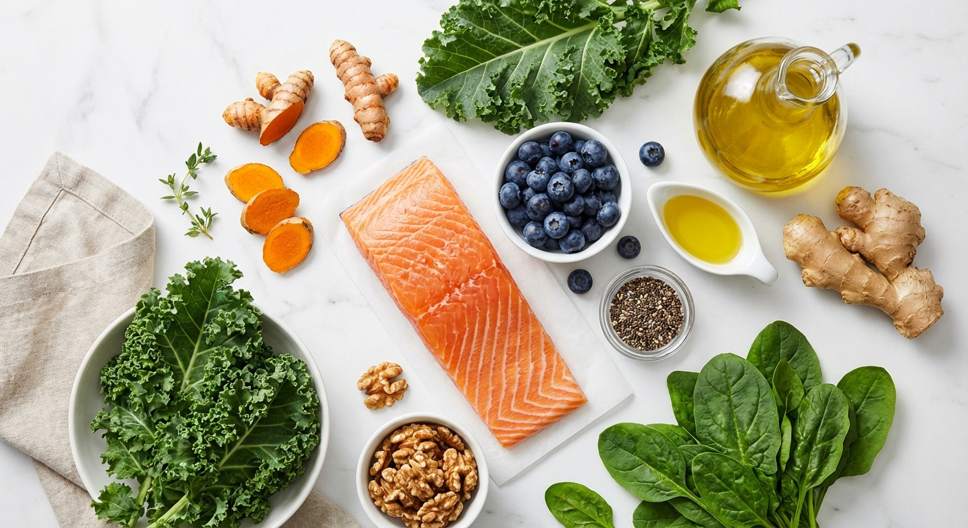 Anti-inflammatory foods including turmeric, berries, salmon, and leafy greens