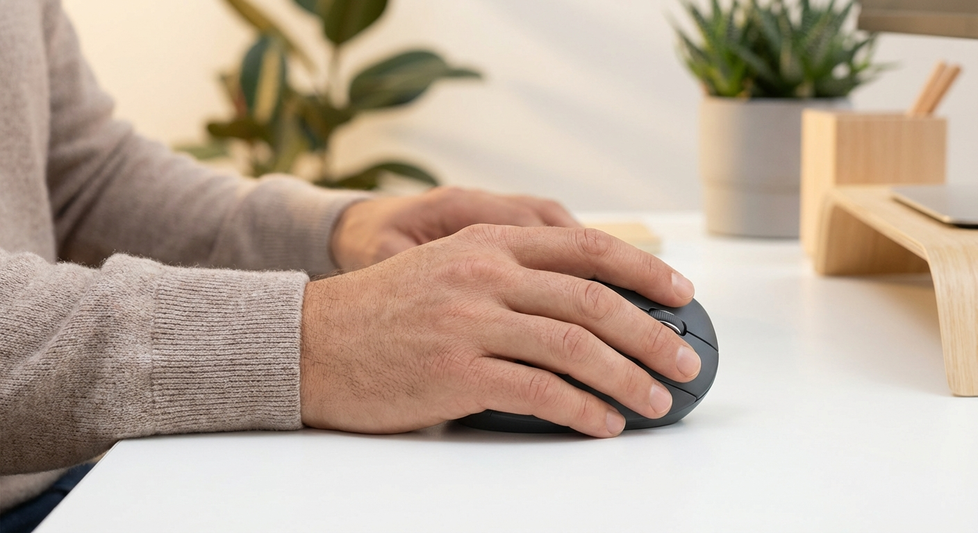 Large hand using a vertical mouse in a neutral handshake grip