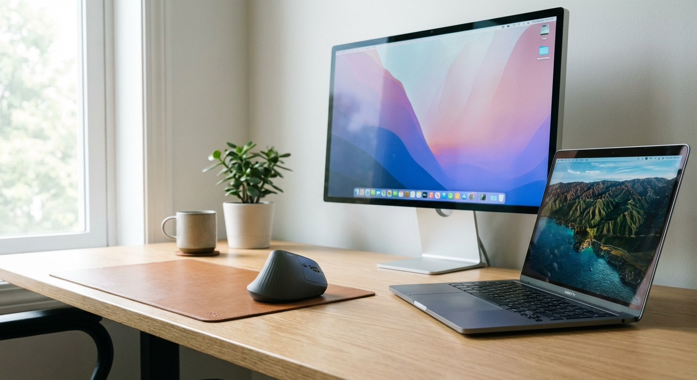 Logitech MX Vertical setup beside MacBook Pro